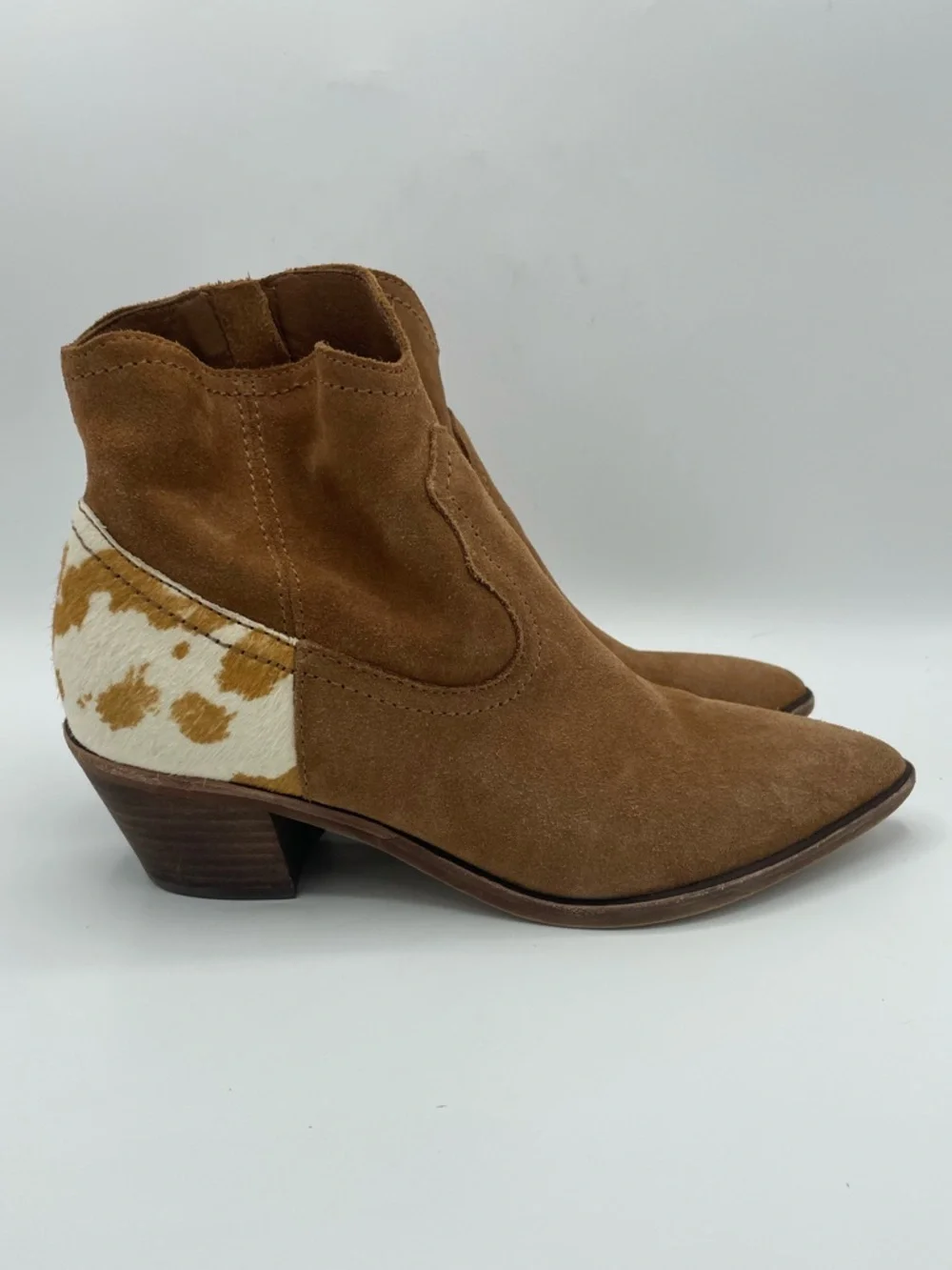 Dolce Vita Senica Suede Western Ankle Boot with Cowhide Heel Accent.